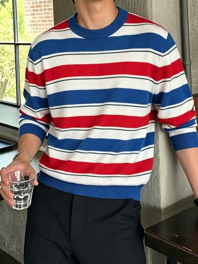 Men's Autumn/Winter Minimalist Solid Color Contrast Fashion Casual Crew Neck Long Sleeve Sweater