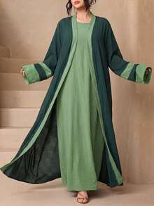 Fashionable Versatile Ice Silk Crinkled 4-Piece Set Women's Elegant Sleeveless Long Robe + Abaya Cardigan Long Robe + Scarf + Waist Rope Set, Soft Skin-Friendly Sun Protection Muslim Clothing Shawl - Green - View 2