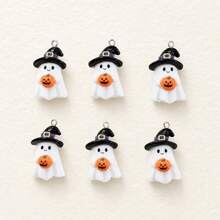 6pcs Resin Halloween White Ghost Pendants With Black Hat And Pumpkin, Suitable For DIY Jewelry Making, Perfect For Party Accessories, Earrings, Necklaces, Bag Charms - Black Hat Holding a Pumpkin Ghost Pendant - View 4