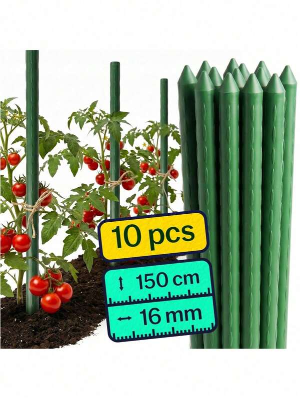 10 Pcs Plant Support Stakes 150 Cm * 8 Mm For Tomatoes And Climbing Plants, Green Steel Garden Stakes With Ribbed Surface And Pointed Ends For Stable Plant Support, Durable Weather Resistant Supports Ideal For Vegetables Flowers Garden Greenhouse