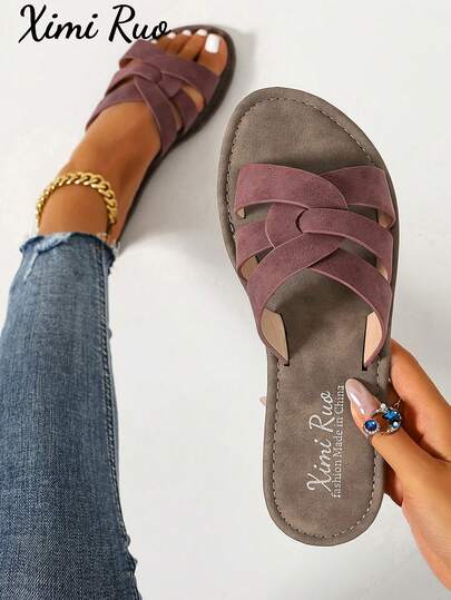 Ximi Ruo Wide Fit Rhinestone Embellished Comfortable Women's Sandals, Korean Style Casual Flat Slides, Open Toe Woven Roman Sandals, Summer Spring Autumn New Fashion French Style Women's Shoes, Brown Flat One-Strap Beach Sandals For Outings, Beach, Apartment, Casual TPU Outdoor Summer