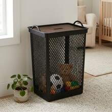 Black Mesh Multipurpose Laundry Basket 49L With Lid And Wooden Label - Negro - Ver 7