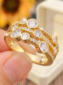 1 pieza Anillo redondo de circonita multicapa dorado, base de cobre, anillo personalizado audaz y exagerado, adecuado para el uso diario de las mujeres - Dorado - Ver 1
