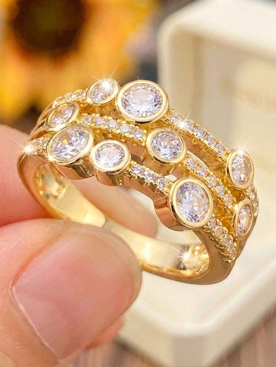 1 pieza Anillo redondo de circonita multicapa dorado, base de cobre, anillo personalizado audaz y exagerado, adecuado para el uso diario de las mujeres - Dorado - Ver 1