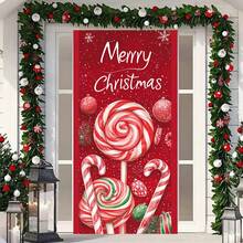 2D Flat Christmas Door Curtain Decoration, Red Background With Red Lollipop Festive Design, Polyester Fabric, Holiday Hanging Decor, Suitable For Holiday Party Decoration, No Electricity Required, Home Gathering Party, Restaurant Christmas New Year Theme Party - A - View 1