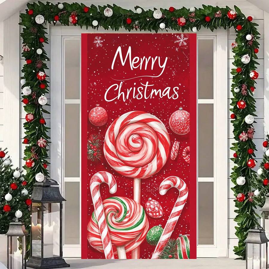 2D Flat Christmas Door Curtain Decoration, Red Background With Red Lollipop Festive Design, Polyester Fabric, Holiday Hanging Decor, Suitable For Holiday Party Decoration, No Electricity Required, Home Gathering Party, Restaurant Christmas New Year Theme Party - A - View 1
