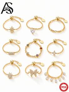 AnlaScheer 1pc 925 Sterling Silver Minimalist Unique Design Geometric Element Cubic Zirconia Chain Ring, Exquisite Jewelry For Women, Daily Wear Ring - Gold - View 1