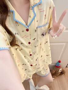 2pcs/Set Women's Pajamas Homewear Set, Lapel Cardigan Cute Animal Print Short Sleeve Shorts, Comfortable For Home - Yellow - View 4