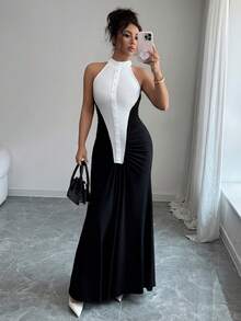 Women Black White Halter Maxi Dress, Color Block Ruched Pearl Button Summer Fall Back To School Y2K Formal Slim Dress - Black - View 1