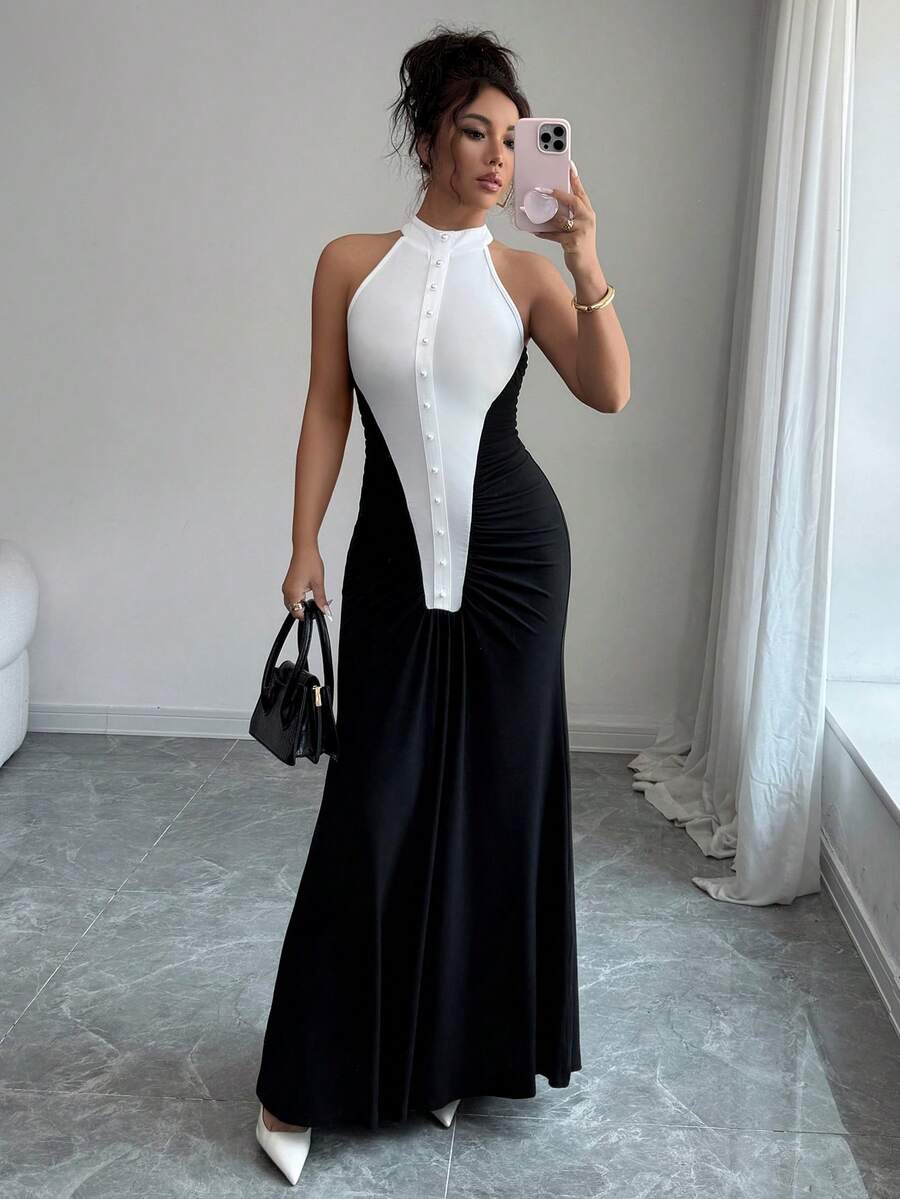 Women Black White Halter Maxi Dress, Color Block Ruched Pearl Button Summer Fall Back To School Y2K Formal Slim Dress - Black - View 1