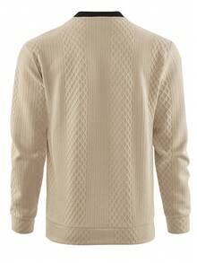 Men's Diamond Jacquard Notch Neck Sweatshirt, Contrast Plaid Splicing Long Sleeve Casual Pullover - Khaki - View 3