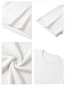 Men's Solid Color Vertical Ribbed Crew Neck Short Sleeve Knit Slim Fit Textured Casual Base Layer Top, Summer - White - View 3