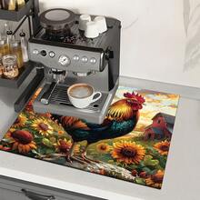 1pc Sunflower And Rooster Pattern Printed Diatomaceous Earth Kitchen Drain Mat, Absorbent Dish Drying Mat, Coffee Machine Mat, Dishwashing Mat, Sink Mat, Kitchen Countertop Protector Mat, Suitable For Cups, Plates, Tableware And Kitchen Decor - Multicolor - View 6