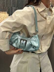 女款復古龐克鉚釘機車單肩包，通勤腋下包 - 藍色 - 查看 5