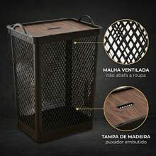 Black Mesh Multipurpose Laundry Basket 49L With Lid And Wooden Label - Negro - Ver 4