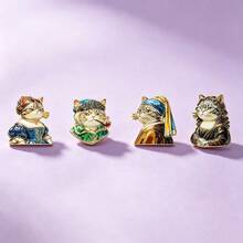 1pc Famous Painting Cat Enamel Pin, Mona Lisa Girl With A Pearl Earring Renaissance Kitten Gold Trim Lapel Pin, Metal Pin For Jackets Bags, Art Cat - Multicolor - View 3
