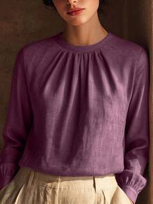Kemeja Wanita Warna Burgundy, Kerah Bulat, Lengan Panjang, Detail Lipatan, Bahan Tenun, Cocok untuk Dipakai di Musim Gugur - Purple - View 5
