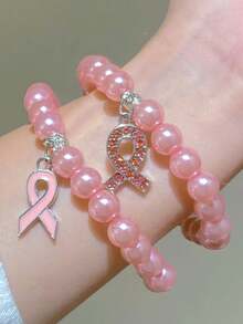 1pc Breast Cancer Awareness Bracelet With Red Ribbon, International AIDS And Breast Cancer Prevention - Pink - View 6