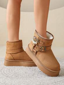 1 Pair Sweet & Cool Metal Buckle Snow Boots, Pearl Pendant Decor, Thick Sole Height-Increasing, Thermal Lined, Versatile Ankle Boots For Women - Camel - View 7
