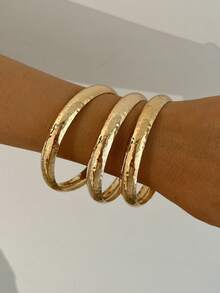 3pcs Elegant Vintage Minimalist Geometric Hammered Texture Bracelet Set Suitable For Women's Daily Wear - Golden - View 3