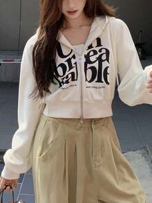 Women's Letter Print Drawstring Hooded Zip-Up Casual Everyday Long Sleeve Sweatshirt - Apricot - View 2