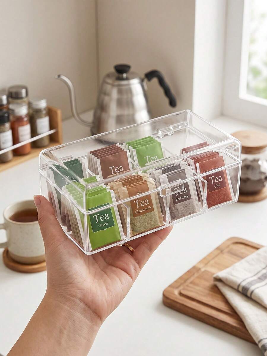 1pc 4-Compartment Transparent Tea Bag Storage Box, Multi-Section Portable Coffee Bag Organizer, Flip Lid Moisture-Proof & Dust-Proof Storage Box, Suitable For Kitchen, Office Break Room, Living Room Coffee Table And Small Item Organization