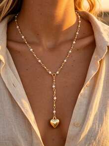 4pcs Multi-Layer Stackable Fashion Minimalist Elegant Exquisite Vintage Design Geometric Flower Heart Square Faux Pearl Chain Minimalist Metal Style Multi-Layer Pendant Necklace Set Y-Shaped Necklace Holiday Vacation Party Date Gift Daily Commute Wear Personalized - Yellow Gold - View 3