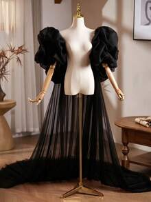 European And American Style Bridal Wedding Dress Multi-Functional Tulle Long Train Shawl, Halloween - Black - View 2