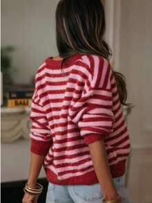 Women's Striped Knit Ribbed Button Front Long Sleeve Cardigan, Casual Elegant Country Music Concert, Vacation, Spring Autumn Winter Red Fall - Red - View 6