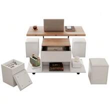 Height-Adjustable Coffee Table, 3-In-1 Multifunctional Table, Living Room Table With Storage, Convertible To Living Room Dining Table, Work Table With Wheels And 4 Stools, 100x50x48 Cm, White + Wood Tone - 自然色 - 查看 1