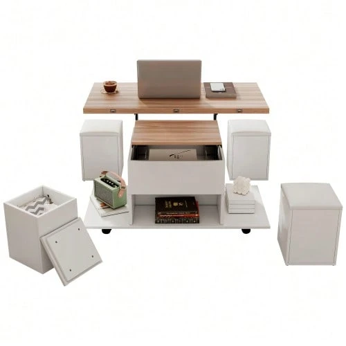 Height-Adjustable Coffee Table, 3-In-1 Multifunctional Table, Living Room Table With Storage, Convertible To Living Room Dining Table, Work Table With Wheels And 4 Stools, 100x50x48 Cm, White + Wood Tone - 自然色 - 查看 1
