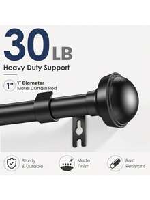 Black Curtain Rods 66-120", 1" Heavy Duty Adjustable Metal, 1 Inch Diameter, 3 Support Brackets, Ball Finials, Living Rooms, Bedrooms, And Sliding Glass Doors - Star - View 3
