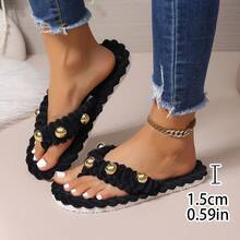 Sandal Jepit Hangat Musim Gugur/Dingin dengan Hiasan Paku Keling, Sol Lembut untuk Dipakai di Dalam dan Luar Ruangan, Wanita - Hitam - View 10