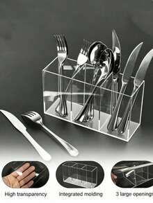 1-Compartment Tableware Storage Box With 3 Dividers, Transparent Organizer Box For Makeup Brushes, Desk Stationery, Forks, Spoons And Knives, Suitable For Party, Kitchen Countertop Storage, Back To School Supplies - Multicolor - View 2