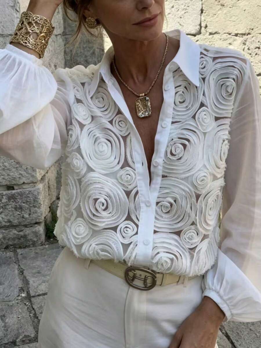Autumn Hollow Design White Long Sleeve Blouse Women Slouchy Loose Heavy Work French Lace Shirt - White - View 1