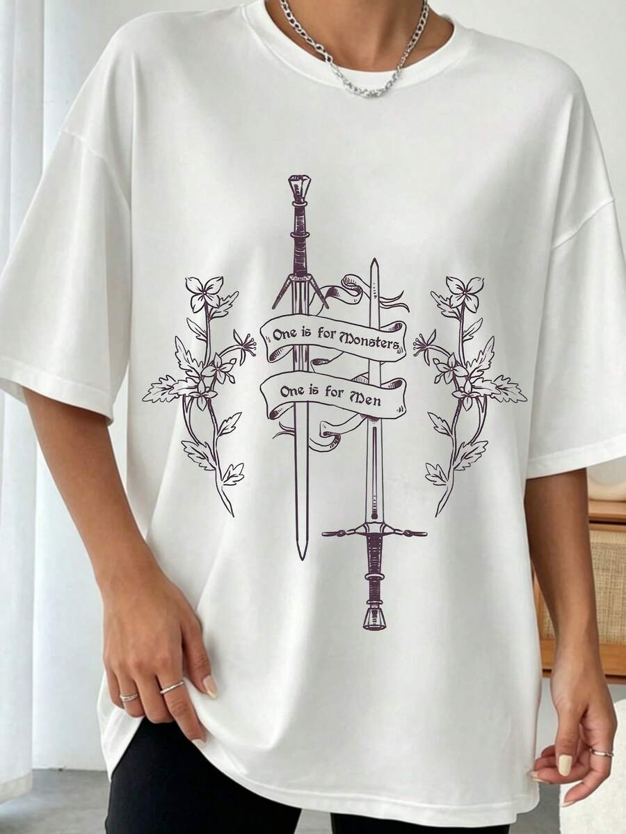 Vintage Inspired The Witcher Two Swords One Is For Monsters One Is For Men Floral Ribbon Line Art Fan Graphic Casual Tee - 白色 - 查看 1