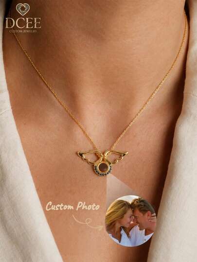 1pc Customized Photo Projection Necklace, Birthstone Necklace, Angel Wings Projection Pendant, Photo Necklace, Wings Necklace, Memorial Photo Necklace, Mother's Day Gift