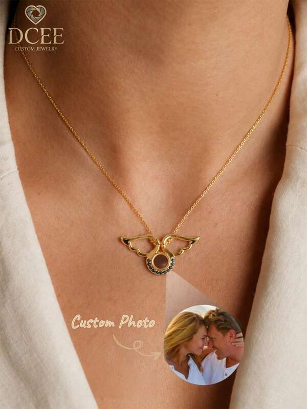 1pc Customized Photo Projection Necklace, Birthstone Necklace, Angel Wings Projection Pendant, Photo Necklace, Wings Necklace, Memorial Photo Necklace, Mother's Day Gift