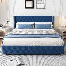 With Slatted Base And Headboard, Button Tufting, Rivet Decoration, Wooden Legs, Linen - 藍色 - 查看 4