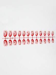 24pcs French Sakura Nail Stickers Set - Bright Red Almond Shape, Short, Fruit Pattern, Nail Art Supplies Suitable For Women And Girls Press On Nails - Multicolor - View 8