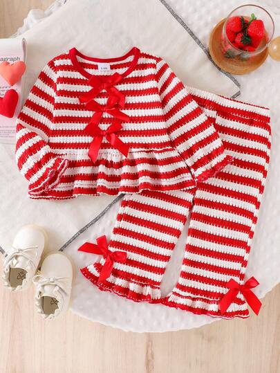 Baby Girl Red & White Striped Knit Sweetheart 2-Piece Set, Red Satin Bow Textured Knit Red & White Striped Ruffle Hem Crew Neck Pullover Top + Matching Striped Bow Ruffle Hem Wide Leg Long Pants