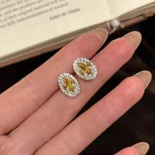 French Vintage Zirconia Inlaid 18K Gold Plated 3D Iris Oval Stud Earrings For Women - Gold - View 2