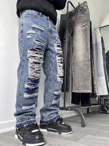 Vintage Distressed Denim Jeans For Men, Street Style Frayed Hem Straight Leg Jeans, Blue Washed Loose Fit Versatile Denim Pants - Blue - View 1