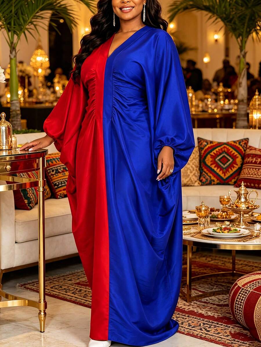 Robe Bubu pour femme AOMEI style africain, élégante, coupe ample, col en V, manches chauve-souris, froncée, robe kaftan modeste