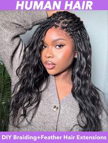 20Pcs DIY Gradient Braiding Strings With Feather Hair Extensions, 100% Human Hair Braided Hair Styling Kit Feather Crochet Human Hair 12A Body Wave Pre-Separated Feather Crochet Human Hair Invisible Crochet Hair Extensions - Natural Black - View 8