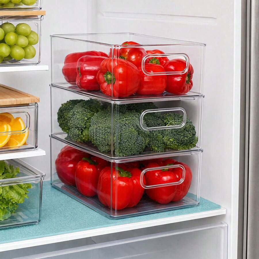 Clear PET Stackable Refrigerator Storage Boxes, 6-Pack Multi-Purpose Organizers For Food, Fruits, Vegetables & Drinks - 6pcs - View 1