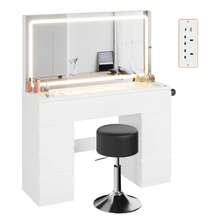 Devoko Modern Vanity Table With Extra Large LED Mirror, 3 Light Colors And Dimmable Brightness, Dressing Table With Glass Top, 9 Drawers, Power Strip And Hair Dryer Holder, White/Black - 查看 9