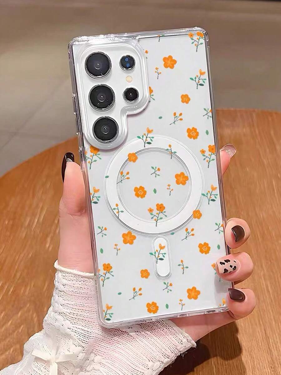 1pc Orange Flower Magnetic Transparent Phone Case, Full Coverage Shockproof Phone Case. Android Phone Cover Case, Suitable For S21/22/23/24/25/PLUS/FE/U/S25PLUSS/25U/S25DEGE/S25FE Models, Back To School Gift - Clear - View 1