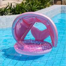 Pink Mermaid Scale Inflatable Baby Swim Ring With Sun Canopy, Children's Inflatable Swim Ring With Handle Seat, Suitable For Kids Vacation Beach Summer Toy Use - 粉色 - 查看 7