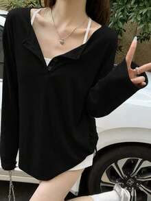 Autumn Korean Style Elegant Loose Button-Up Sun Protection Layering Cover Up Long Sleeve T-Shirt Top Casual - Black - View 3